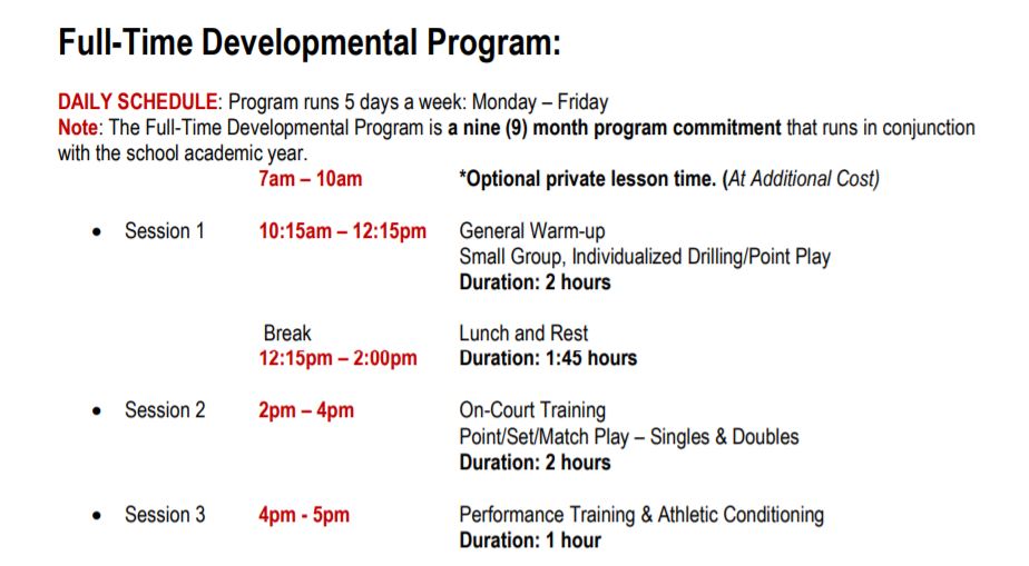 Saviano Tennis Academy Daily Schedule